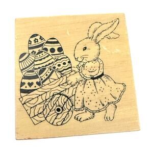 Bunny Rabbit Pushing Easter Eggs In a Wheelbarrow Rubber Stamp